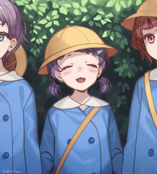 3girls aqua_eyes asakura_toru black_hair brown_hair closed_eyes commentary_request fukumaru_koito hair_ornament hairclip hat higuchi_madoka idolmaster idolmaster_shiny_colors kindergarten_uniform low_twintails multiple_girls school_hat short_hair smock toshio twintails