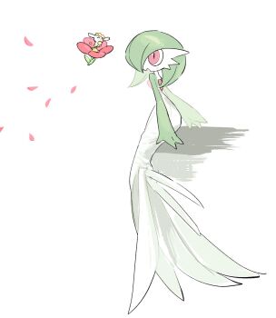 Rule 34 | bob cut, colored skin, dress, flabebe, flabebe (red flower), gardevoir, gen 3 pokemon, gen 6 pokemon, green hair, green skin, highres, multicolored skin, nintendo, pink eyes, pokemon, pokemon (creature), simple background, sok (mr14 c), two-tone skin, white background, white dress, white skin