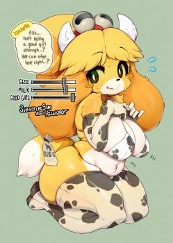 1girl absurdres animal_crossing animal_print attribute_slider barcode bikini blonde_hair blush_stickers breast_slider breasts commentary cow_print cow_print_bikini elbow_gloves english_commentary english_text full_body furry furry_female gloves green_background green_eyes highres isabelle_(animal_crossing) large_breasts long_hair looking_at_viewer multicolored_hair nintendo orange_hair print_bikini print_gloves print_thighhighs simple_background sitting slugbox solow speech_bubble swimsuit thighhighs two-tone_hair wariza white_bikini white_gloves white_thighhighs