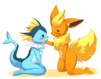 Rule 34 | 2girls, barefoot, blue eyes, blush, breasts, feet, flareon, furry, gen 1 pokemon, kagerofu, multiple girls, nintendo, nude, pokemon, pokemon (creature), tail, toes, vaporeon, yellow eyes, yuri