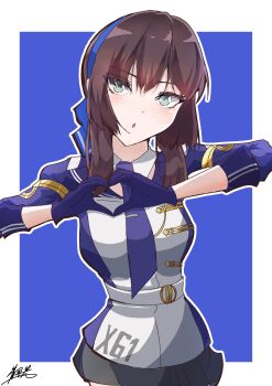 1girl akatsuki_hikaru black_skirt blue_background blue_hairband blue_ribbon breasts brown_hair freckles gloves green_eyes hair_ribbon hairband heart heart_hands highres jacket kantai_collection long_hair looking_at_viewer mogador_(kancolle) necktie purple_necktie ribbon signature skirt solo white_background