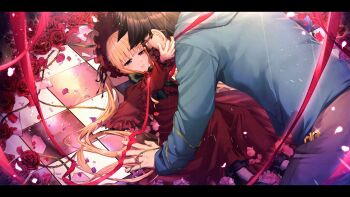 1boy 1girl all_fours black_hair black_shoes blonde_hair blue_eyes blue_hoodie blunt_bangs bonnet bow bowtie boy_on_top checkered_floor commentary_request dress dutch_angle flower frilled_dress frilled_sleeves frills from_above full_body glasses green_bow green_bowtie hair_spread_out half-closed_eyes hand_up hetero highres hood hood_down hoodie indoors light_blush lolita_fashion long_dress long_hair long_ribbon long_sleeves looking_at_another lying marutenmaruten on_back on_floor parted_lips petals red_bonnet red_dress red_flower red_ribbon red_rose ribbon rose rose_petals rozen_maiden sakurada_jun shinku shoes short_hair smile spiked_hair thorns twintails very_long_hair