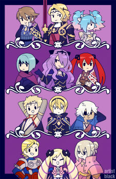 6+boys 6+girls armor arthur_(fire_emblem_fates) artist_black beruka_(fire_emblem) black_armor blonde_hair blue_hair breasts camilla_(fire_emblem) cleavage commentary effie_(fire_emblem) elise_(fire_emblem) english_commentary fire_emblem fire_emblem_fates grey_hair hair_bun highres laslow_(fire_emblem) leo_(fire_emblem_fates) medium_breasts multiple_boys multiple_girls niles_(fire_emblem) nintendo odin_(fire_emblem) peri_(fire_emblem) pink_armor red_hair selena_(fire_emblem_fates) siegfried_(sword) twintails xander_(fire_emblem)