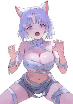 1girl :o absurdres animal_ear_fluff animal_ears ayatsuno_yuni bandages breasts cat_ears claw_pose cleavage commentary_request cowboy_shot curtained_hair grey_hair hands_up highres large_breasts legs_apart looking_at_viewer naked_bandage navel nbee_ya open_mouth purple_eyes short_hair simple_background solo star-shaped_pupils star_(symbol) stellive stomach symbol-shaped_pupils virtual_youtuber white_background
