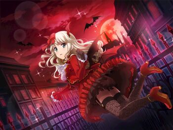 Rule 34 | 1girl, bat (animal), bat wings, brown gloves, brown shorts, building, fake wings, fence, frilled sleeves, frills, full moon, game cg, gloves, high heels, jacket, long sleeves, looking at viewer, moon, night, official art, red jacket, red shoes, red skirt, red theme, shirt, shoes, shorts, shorts under skirt, shoujo kageki revue starlight, shoujo kageki revue starlight -re live-, skirt, solo, thigh strap, white shirt, wings, yumeoji shiori