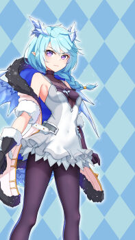 Rule 34 | 1girl, absurdres, black pantyhose, blue hair, braid, braided ponytail, breasts, coat, covered navel, dragon girl, dragon horns, dragon tail, dragon wings, dress, frilled dress, frills, fur-trimmed coat, fur trim, gloves, highres, horns, kamikili, long hair, pantyhose, princess connect!, purple eyes, sheffy (princess connect!), simple background, slit pupils, small breasts, solo, tail, wings