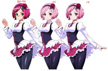 00s 10s 1990s_(style) 1girl absurdres black_thighhighs breasts date_naoto evolution flower green_eyes highres large_breasts light_blush medium_breasts necktie pink_hair progression retro_artstyle rose short_hair skirt smile thighhighs