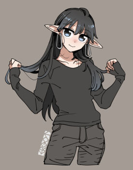 1boy artist_name black_hair black_pants black_shirt blue_eyes blue_hair bremen_(ergot) closed_mouth cowboy_shot earrings ergot hoop_earrings jewelry long_hair long_sleeves looking_at_viewer original pants pointy_ears shirt simple_background sleeves_past_wrists smile solo standing trap