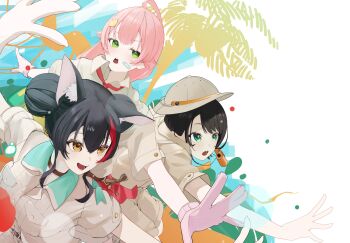 3girls absurdres ahoge alternate_costume animal_ears bandaid bandaid_on_cheek bandaid_on_face black_choker black_hair blue_eyes breasts brown_hat brown_shirt choker commentary_request edge_ill gloves green_eyes hair_between_eyes hair_bun hat helmet highres hololive long_hair looking_ahead medium_breasts multicolored_hair multiple_girls ookami_mio oozora_subaru open_mouth pink_gloves pink_hair pith_helmet red_streaks sakura_miko shirt short_hair short_sleeves single_hair_bun smile streaked_hair swept_bangs virtual_youtuber wolf_ears wolf_girl yellow_eyes