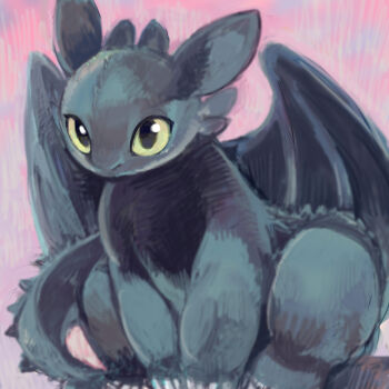 animal_focus commentary_request creature creature_focus dragon full_body green_eyes highres how_to_train_your_dragon_(series) looking_at_viewer no_humans painterly pink_background simple_background sitting solo suppainu toothless western_dragon wings