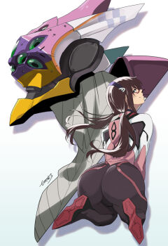 1girl ass bodysuit brown_hair eva_08 exocet_(exocet4) glass hairband huge_ass interface_headset_(evangelion) looking_at_viewer looking_back makinami_mari_illustrious mecha_pilot_suit multicolored_bodysuit neon_genesis_evangelion plugsuit_(evangelion) rebuild_of_evangelion sidelocks smile twintails