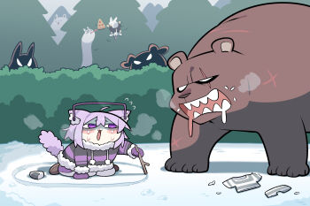 1girl ahoge animal_ear_fluff animal_ears bear cat_ears cat_girl cat_tail chibi circle cocomayo29_(tomato) commentary food highres hololive hololive_indonesia nekomata_okayu onigiri purple_eyes purple_hair snow stick symbol-only_commentary tail virtual_youtuber