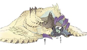 black_scale brown_claws claws dragon fang gold_scales gore_magala horns lying monster_hunter_(series) purple_claws red_eyes reptile scales shagaru_magala spikes sweatdrop taneimo_drop underbite wings