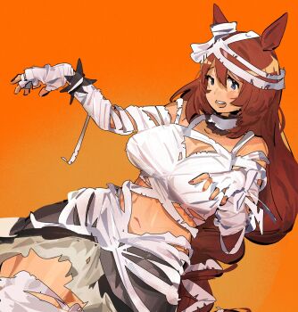 1girl animal_ears bandage_on_hair bandaged_arm bandaged_hand bandaged_head bandaged_torso bandages blue_eyes breasts brown_hair ear_scrunchie grey_skirt hair_between_eyes halloween halloween_costume highres horse_ears horse_girl horse_tail large_breasts long_hair mummy_costume navel official_alternate_costume open_mouth orange_background pdvl simple_background skirt smile solo super_creek_(chiffon_ribbon_mummy)_(umamusume) super_creek_(umamusume) tail torn_bandages umamusume very_long_hair