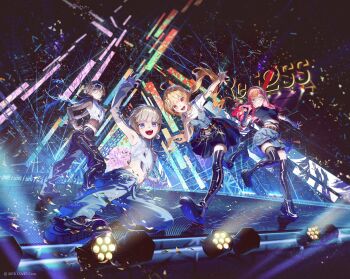 4girls :d ;d ahoge arm_up armpits beamed_eighth_notes belt black_arm_warmers black_boots black_dress black_hair black_pants black_shirt black_shoes blonde_hair blue_eyes blue_pants blue_skirt blunt_bangs boots braid breasts brown_belt brown_eyes cargo_pants closed_mouth colored_inner_hair commentary_request concert confetti cropped_shirt denim dress earrings eighth_note fajyobore floating_hair fortissimo full_body glasses gradient_hair grey_arm_warmers grey_hair grin hair_ornament hair_rings hairclip hand_on_own_chest hand_on_own_hip hand_up highres hololive hololive_dev_is ichijou_ririka jewelry juufuutei_raden korean_commentary lace-trimmed_shorts lace_trim long_hair looking_at_viewer medium_breasts midriff miniskirt mixed-language_commentary multicolored_hair multiple_girls musical_note musical_note_hair_ornament navel official_alternate_costume official_alternate_hairstyle official_art one_eye_closed open_mouth orange_eyes orange_hair otonose_kanade outstretched_arm pants pink_hair platform_shoes pleated_skirt purple_hair regloss_(hololive) shirt shoes short_dress short_hair short_shorts short_sleeves shorts shorts_under_skirt side_braid sidelocks single_braid single_hair_ring skirt sleeveless sleeveless_shirt smile stage standing standing_on_one_leg streaked_hair swept_bangs t-shirt teeth thigh_boots todoroki_hajime twintails two-tone_hair undershirt upper_teeth_only virtual_youtuber white_shirt