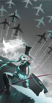 1girl absurdres aircraft aqua_gloves aqua_hair aqua_necktie aqua_skirt artist_name bird black_boots black_panties black_shirt boots cable chromatic_aberration commentary_request from_below gloves hair_ornament hatsune_miku headset highres holding holding_megaphone im909_im koi_wa_sensou_(vocaloid) long_hair megaphone necktie panties pleated_skirt shirt silhouette skirt thigh_boots twintails twitter_username underwear very_long_hair vocaloid