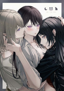 3girls areola_slip bang_dream! bang_dream!_it&#039;s_mygo!!!!! black_hair black_jacket blackfangs blonde_hair blush closed_mouth commentary_request earclip earrings fff_threesome girl_sandwich group_sex highres hug jacket jewelry long_hair medium_hair misumi_uika mole mole_under_eye multiple_girls partial_commentary purple_eyes red_shirt sandwiched shiina_taki shirt short_sleeves threesome white_jacket yahata_umiri yuri