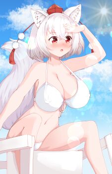 Rule 34 | 1girl, absurdres, animal ears, arm up, bikini, blush, breasts, chair, cloud, cloudy sky, codyyuki, covered erect nipples, day, front-tie bikini top, front-tie top, hair between eyes, halterneck, hat, highres, inubashiri momiji, large breasts, leaning forward, lens flare, lifeguard, lifeguard chair, micro bikini, navel, open mouth, outdoors, pom pom (clothes), red eyes, red hat, short hair, sky, solo, sun, sunlight, swimsuit, tail, tassel, tokin hat, touhou, white bikini, white hair, wolf ears, wolf girl, wolf tail