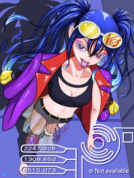 1girl absurdres barefoot black_nails blue_hair boxing_gloves breasts cleavage commentary_request eyelashes eyewear_on_head half-skirt highres jacket jacket_on_shoulders long_hair medium_breasts nail_polish odo-chan_(ado) odo_(song) purple_eyes purple_jacket see-through_clothes see-through_skirt skirt solo stomach tinted_eyewear toenail_polish toenails tomoyaku tongue tongue_out twintails yellow-tinted_eyewear