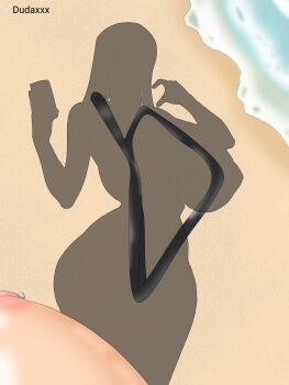 1girl ass beach bleach breasts cellphone dudaxxx highres huge_ass inoue_orihime long_hair nipple_piercing phone piercing red_hair sand shadow slingshot_swimsuit smartphone swimsuit thick_thighs thighs