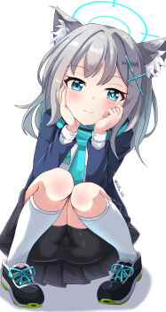 1girl absurdres animal_ear_fluff animal_ears bike_shorts blue_archive blue_scarf commentary_request cross_hair_ornament grey_hair hair_ornament halo highres jacket scarf school_uniform shiroko_(blue_archive) sills simple_background skirt socks solo white_background wolf_ears