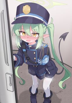 Rule 34 | backpack, bag, blue archive, blush, boots, commentary request, demon girl, demon tail, earrings, fang, gloves, green hair, halo, hat, have to pee, highres, jewelry, lmc (lmcgarage), nozomi (blue archive), pantyhose, peeing, peeing self, pointy ears, shadow, single earring, skin fang, strap, sweat, sweatdrop, tail, train conductor, trembling, twintails, white pantyhose, yellow eyes