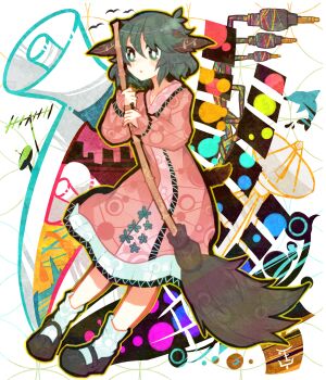 1girl animal_ears bad_id bad_pixiv_id bamboo_broom blush broom dolphin dress female_focus green_eyes green_hair highres itomugi-kun kasodani_kyouko matching_hair/eyes megaphone plug radio_antenna shoes short_hair socks solo tail touhou