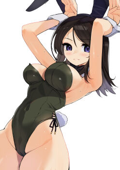 1girl alternate_costume animal_ears black_hair black_leotard blaze_(blazeillust) blue_eyes blush breasts closed_mouth commentary covered_navel cowboy_shot detached_collar fake_animal_ears fake_tail frown girls_und_panzer highleg highleg_leotard highres large_breasts leotard long_hair looking_at_viewer nonna_(girls_und_panzer) playboy_bunny rabbit_ears rabbit_pose rabbit_tail side-tie_leotard simple_background solo standing strapless strapless_leotard swept_bangs tail white_background wrist_cuffs