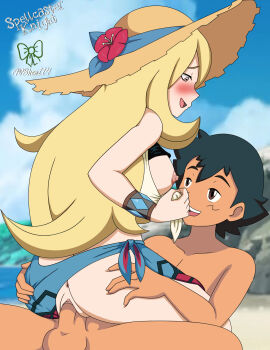 1boy 1girl ash_ketchum beach bikini blonde_hair breasts cowgirl_position cynthia_(pokemon) cynthia_(summer_2025)_(pokemon) happy happy_sex highres holding_another&#039;s_wrist lying mbhen114 nintendo on_back on_ground pokemon pokemon_(anime) pokemon_dppt_(anime) pokemon_masters_ex sand sex smile spellcaster_knight straddling swimsuit vaginal