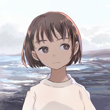 1girl bright_pupils brown_eyes brown_hair closed_mouth commentary_request grey_sky highres ocean original outdoors overcast portrait shirt short_hair sky solo takaichi_(tkch) upper_body water white_pupils white_shirt
