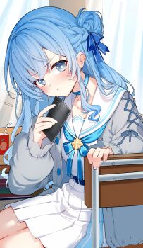 1girl belt blue_belt blue_choker blue_eyes blue_hair blue_ribbon blush braid cardigan cellphone chair choker closed_mouth commentary_request darjeeling_(reley) desk dress frilled_sleeves frills grey_cardigan hair_bun half_up_braid highres holding holding_phone hololive hoshimachi_suisei hoshimachi_suisei_(sailor) indoors long_hair long_sleeves looking_at_viewer neck_ribbon official_alternate_costume official_alternate_hair_length official_alternate_hairstyle phone pleated_dress ribbon sailor_collar school_chair school_desk school_uniform side_up_bun sidelocks single_side_bun sitting smartphone solo star_(symbol) star_in_eye symbol_in_eye virtual_youtuber white_sailor_collar