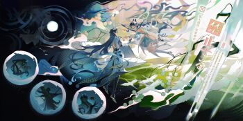 1boy 1girl absurdres bird blue_boots blue_hair blue_horns boots branch chinese_clothes closed_eyes closed_mouth couple dress ershisi_shao_qing floating flower full_body gloves gradient_hair highres horns long_hair long_sleeves multicolored_hair multiple_views original pointy_ears profile very_long_hair white_bird white_boots white_flower wide_sleeves