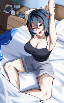 1girl absurdres alarm_clock armpits arms_up bad_source bedroom black_camisole black_hair blue_jacket boneo breasts camisole clock collarbone grey_shorts highres indoors jacket large_breasts multicolored_hair on_bed plant potted_plant red_hair shorts sitting solo streaked_hair stretching unworn_jacket yawning zenless_zone_zero zhu_yuan