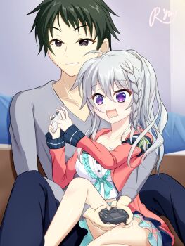 1boy 1girl 9-nine- absurdres ahoge aqua_skirt between_legs black_eyes black_hair black_pants blush braid breasts brother_and_sister buttons cardigan center_frills collarbone commentary controller eyes_visible_through_hair feet_out_of_frame frilled_shirt frills game_controller good_brothers_day green_ribbon grey_hair grey_shirt grin hair_between_eyes hair_ribbon hands_up height_difference highres holding holding_controller holding_game_controller indoors knee_up long_hair long_sleeves looking_ahead medium_breasts midriff miniskirt niimi_kakeru niimi_sora open_cardigan open_clothes open_mouth pants playing_games pleated_skirt purple_eyes red_cardigan ribbon ryu9voice shirt short_hair siblings side_ponytail signature single_braid sitting skirt smile spiked_hair spread_legs thighs tsurime wavy_mouth white_shirt