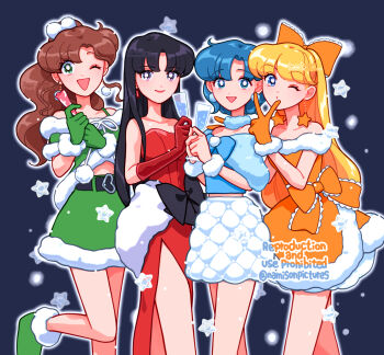 4girls aino_minako bishoujo_senshi_sailor_moon black_hair blonde_hair blue_eyes blue_hair bow brown_hair dress earrings green_eyes green_skirt hair_bobbles hair_bow hair_ornament highres hino_rei jewelry kino_makoto long_hair mizuno_ami multiple_girls namisonpictures one_eye_closed orange_dress ponytail red_bow red_dress sailor_collar short_hair side_slit skirt smile star_(symbol) star_earrings v white_skirt