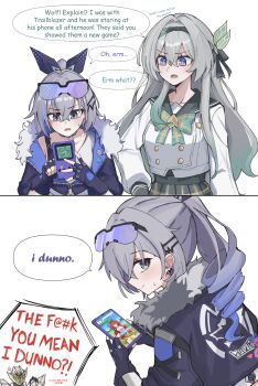 3girls absurdres black_gloves black_hairband black_ribbon blue_pupils blush bow bowtie buttons cellphone censored censored_text closed_mouth collared_shirt commentary daiwa_scarlet_(umamusume) double-breasted english_commentary english_text fingerless_gloves firefly_(honkai:_star_rail) firefly_(spring_missive)_(honkai:_star_rail) fur-trimmed_jacket fur_trim gloves gradient_eyes gradient_hair green_bow green_bowtie grey_hair grey_shirt hair_between_eyes hair_intakes hair_ornament hair_ribbon hairband highres holding holding_phone honkai:_star_rail honkai_(series) jacket kamen_rider long_sleeves multicolored_eyes multicolored_hair multiple_girls open_mouth phone pianobat plaid_bow plaid_bowtie plaid_clothes pleated_skirt profanity ribbon sam_(honkai:_star_rail) shirt silver_wolf_(honkai:_star_rail) simple_background skirt smartphone smile speech_bubble sweatdrop teeth umamusume white_background white_shirt