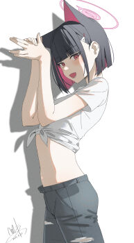 Rule 34 | 1girl, absurdres, animal ears, black hair, black pants, blue archive, blunt bangs, blunt ends, blush, cat ears, cat girl, colored inner animal ears, colored inner hair, extra ears, from side, hair behind ear, highres, kazusa (blue archive), looking at viewer, lower teeth only, multicolored hair, navel, open mouth, pants, pink eyes, pink hair, qtian, shadow puppet, shirt, short sleeves, sidelocks, solo, stomach, t-shirt, teeth, tied shirt, torn clothes, torn pants, two-tone hair, white shirt