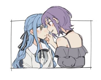2girls bang_dream! bang_dream!_it&#039;s_mygo!!!!! black_ribbon blue_hair blush closed_mouth commentary grey_shirt hair_ribbon hand_on_another&#039;s_face hashtag-only_commentary highres jenjen long_hair multiple_girls neck_ribbon off-shoulder_shirt off_shoulder parted_lips pink_eyes purple_hair ribbon shirt simple_background smile togawa_sakiko two_side_up upper_body white_background white_shirt yellow_eyes yuri yuutenji_nyamu