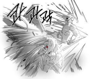 Rule 34 | 1boy, 1girl, adashino adami, bandaged head, bandages, bbabbamis2, commentary request, crowbar, explosion, hair over one eye, highres, holding, holding crowbar, homicipher, hood, hood down, korean commentary, korean text, long hair, mr. machete, raincoat, red eyes, ringed eyes, sharp teeth, spot color, teeth, translation request, very long hair, white background