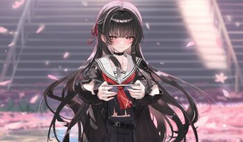 Rule 34 | 1girl, absurdres, arm cutout, black choker, black hair, black jacket, black serafuku, black shirt, black skirt, blurry, blurry background, blush, breasts, chisa (wuthering waves), choker, closed mouth, clothing cutout, collarbone, commentary, cowboy shot, envelope, fingernails, hair ribbon, highres, holding, holding envelope, incoming gift, jacket, jewelry, letter, long hair, long sleeves, looking at viewer, love letter, medium breasts, multiple rings, neckerchief, pink petals, red eyes, red neckerchief, red ribbon, ribbon, ring, sailor collar, school uniform, serafuku, shirt, skirt, solo, sonchi, stairs, white sailor collar, wuthering waves