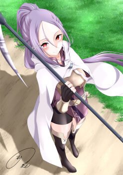 1girl absurdres armor belt black_shorts boots braid breastplate breasts brown_armor brown_belt brown_boots cloak commentary_request day dirt_road double-parted_bangs full_body grass hair_between_eyes hair_ornament half_up_half_down_braid highres holding holding_scythe hood hooded_cloak kama_(weapon) long_hair looking_at_viewer maximum7010 mito_(sao) on_ground outdoors parted_lips ponytail purple_shirt red_eyes road scythe shadow shirt short_shorts shorts sickle signature small_breasts smile solo standing sword_art_online sword_art_online_progressive thigh_boots thighhighs watermark white_cloak x_hair_ornament zettai_ryouiki
