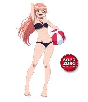 1girl armpits barefoot blush bra breasts feet gina_(undead_unluck) leozurcxxx panties pink_hair solo swimsuit underwear