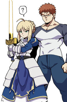 1boy 1girl absurdres ahoge armor armored_dress artoria_pendragon_(fate) blonde_hair braid braided_bun commentary_request dragon_ball dress emiya_shirou excalibur_(fate/stay_night) fate/grand_order fate/stay_night fate_(series) faulds gauntlets hair_bun highres korean_commentary meme muscular muscular_male red_hair saber_(fate) shirt t-shirt yubusushi