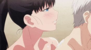 1boy 1girl animated animated_gif anime_screenshot bathing bathroom black_hair blue_eyes blush breast_press breasts collarbone completely_nude doi_shouta large_breasts nude ponytail rubbing shuumatsu_no_harem soap_bubbles teeth toudou_akira_(shuumatsu_no_harem) white_hair