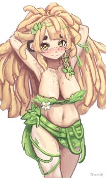 Rule 34 | 1girl, absurdres, animal ears, artist name, bananajuju, bikini, blonde hair, body freckles, breasts, brown eyes, cleavage, freckles, highres, indie virtual youtuber, large breasts, leaf bikini, long hair, looking at viewer, monkey ears, monkey girl, plant clothing, seori091, simple background, solo, swimsuit, virtual youtuber, white background