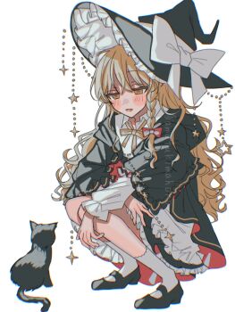 1girl amatukimahoro apron black_capelet black_cat black_shoes black_skirt black_vest blonde_hair blush braid capelet cat commentary_request frills full_body hair_ribbon hat highres kirisame_marisa long_hair long_sleeves looking_at_animal parted_lips ribbon shirt shoes skirt smile socks squatting star_(symbol) touhou vest white_background white_shirt white_socks witch_hat yellow_eyes