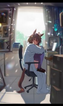 agnes_tachyon_(umamusume) ahoge book book_stack brown_hair brown_tail chair coat commentary_request computer day from_side hair_between_eyes hews highres indoors iv_stand knees_up lab_coat laptop light_particles on_chair purple_skirt purple_thighhighs red_eyes school_uniform skirt thighhighs tracen_school_uniform umamusume white_coat window