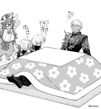 2boys 2girls animal_ears boy_vajra_(fate) elephant_ears elephant_girl fate/grand_order fate_(series) ganesha_(fate) girl_vajra_(fate) glasses greyscale highres indra_(fate) jinako_carigiri kotatsu long_hair monochrome multiple_boys multiple_girls open_mouth pompoppo shirt short_hair table
