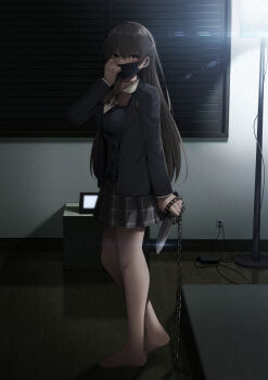 1girl absurdres black_jacket blazer bow bowtie chain choker collared_shirt commentary_request earrings full_body hand_up highres holding holding_knife indoors jacket jewelry knife konata_(kankin_jk) long_hair long_sleeves looking_at_viewer mask mishiranu_joshikousei_ni_kankin_sareta_mangaka_no_hanashi pleated_skirt ryouma_(galley) shirt skirt solo standing thighs white_shirt