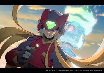 Rule 34 | 2boys, android, armor, black bodysuit, blonde hair, blue eyes, bodysuit, cyber elf x (mega man), damaged, dandelion, double halo, flower, forehead, from behind, halo, highres, holding, holding flower, long hair, mega man (series), mega man zero (series), multiple boys, no-rishio, x (mega man), zero(z) (mega man), zero (mega man)